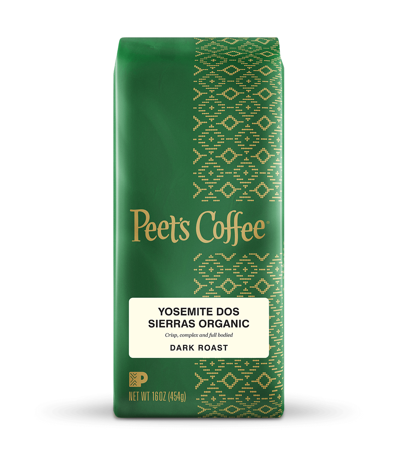 Peet's Coffee Yosemite Dos Sierras Organic Dark Roast Coffee beans in a green 16 ounce bag